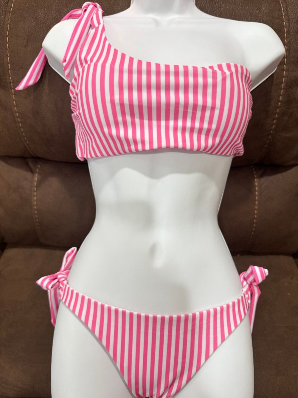 Womens One-Shoulder Bikini M Pink White Striped Cheeky Shein 2-piece Swim Suit
